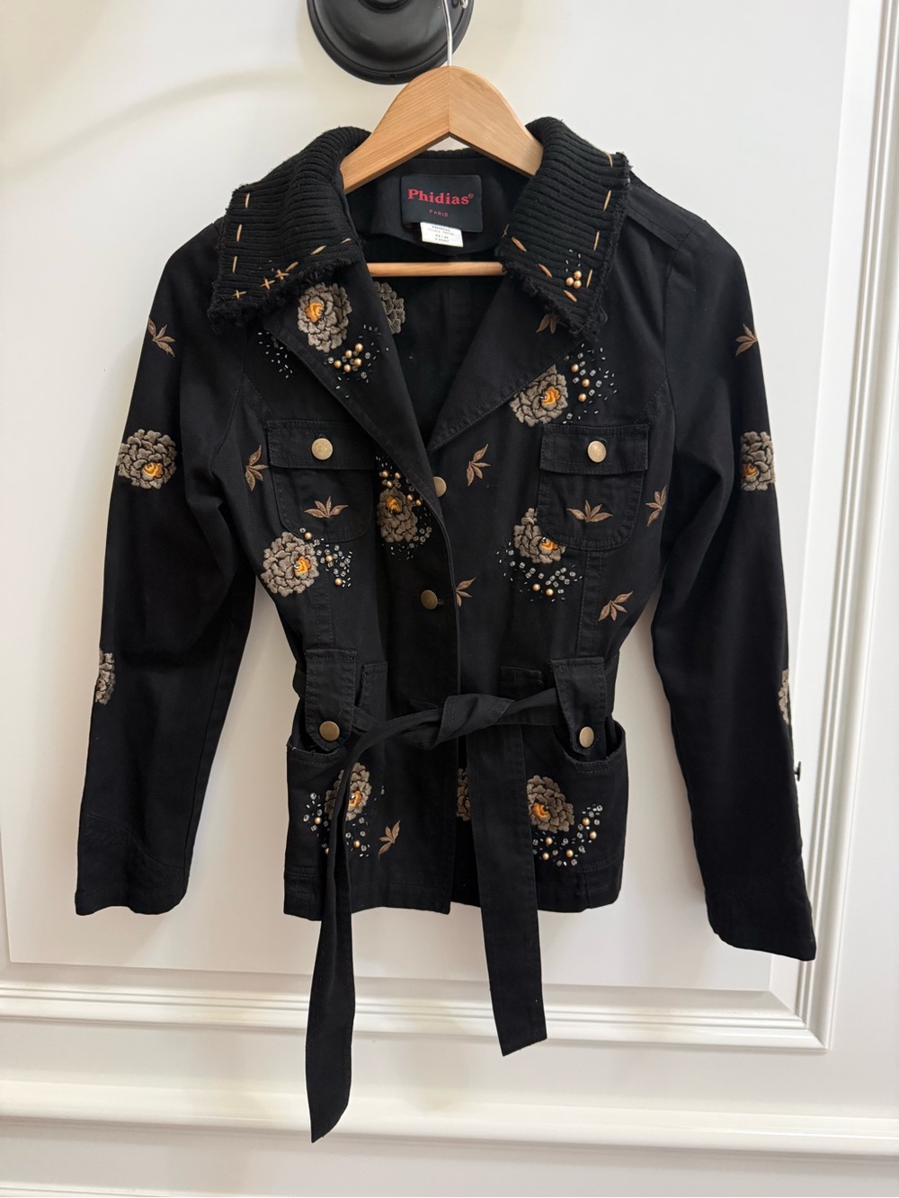 Phidias Paris Embroidered Beaded Utility Field Jacket Belted Black